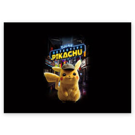 Поздравительная открытка с принтом Pikachu Detective в Белгороде, 100% бумага | плотность бумаги 280 г/м2, матовая, на обратной стороне линовка и место для марки
 | Тематика изображения на принте: anime | game | nintendo | pikachu | pokemon | аниме | детектив | игра | кино | пикачу | покемон | эш кетчум
