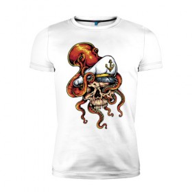 Мужская футболка премиум с принтом Осьминог в Белгороде, 92% хлопок, 8% лайкра | приталенный силуэт, круглый вырез ворота, длина до линии бедра, короткий рукав | anchor | octopus | peaked cap | skull | осьминог | фуражка | череп | якорь