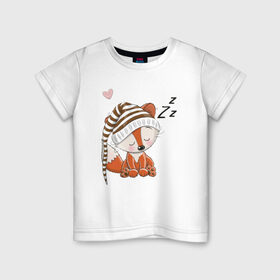 Детская футболка хлопок с принтом Сонный лисенок в Белгороде, 100% хлопок | круглый вырез горловины, полуприлегающий силуэт, длина до линии бедер | fox | foxed | арт | лис | лиса | лисенок | лисичка | пушистик | рыжая | рыжмй хвост