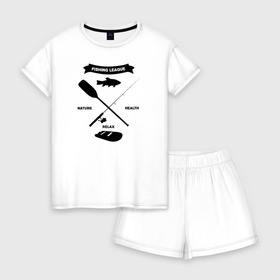 Женская пижама с шортиками хлопок с принтом лига рыбалки в Белгороде, 100% хлопок | футболка прямого кроя, шорты свободные с широкой мягкой резинкой | прикольная футболка рыбалка | футболка рыбалка купить | футболки +для рыбалки | футболки +с надписями про рыбалку | футболки мужские рыбалка | футболки про рыбалку