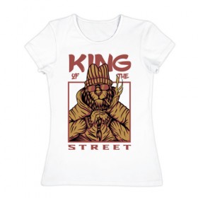 Женская футболка хлопок с принтом King of the street в Белгороде, 100% хлопок | прямой крой, круглый вырез горловины, длина до линии бедер, слегка спущенное плечо | king | животные | звери | король | король улиц | кот | кошка | кошки | лев | природа | улица