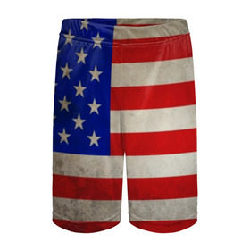 Детские спортивные шорты 3D с принтом Американский флаг в Белгороде,  100% полиэстер
 | пояс оформлен широкой мягкой резинкой, ткань тянется
 | usa | абстракция | америка | американский | герб | звезды | краска | символика сша | страны | сша | флаг | штаты