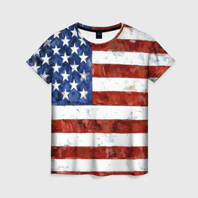 Женская футболка 3D с принтом США ФЛАГ в Белгороде, 100% полиэфир ( синтетическое хлопкоподобное полотно) | прямой крой, круглый вырез горловины, длина до линии бедер | usa | абстракция | америка | американский | герб | звезды | краска | символика сша | страны | сша | флаг | штаты