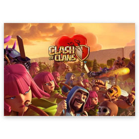 Поздравительная открытка с принтом Clash of Clans в Белгороде, 100% бумага | плотность бумаги 280 г/м2, матовая, на обратной стороне линовка и место для марки
 | Тематика изображения на принте: base | clan wars | coc | hall | hog rider | royale | town | trap | база | гоблин | золото | клеш оф кленс | кок | крепость | кристаллы | трофей | эликсир