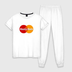 Женская пижама хлопок с принтом MasturBate в Белгороде, 100% хлопок | брюки и футболка прямого кроя, без карманов, на брюках мягкая резинка на поясе и по низу штанин | mastercard | принт | принт на футболке | футболка с принтом