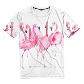 Мужская футболка 3D с принтом Фламинго в Белгороде, 100% полиэфир | прямой крой, круглый вырез горловины, длина до линии бедер | art | birds | flamingo | flock | illustration | pink | summer | watercolor | акварель | иллюстрация | искусство | лето | птицы | розовый | стая | фламинго