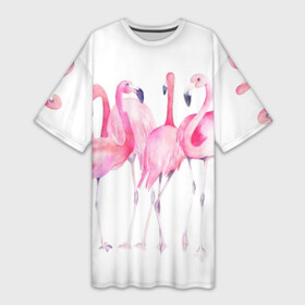 Платье-футболка 3D с принтом Фламинго в Белгороде,  |  | art | birds | flamingo | flock | illustration | pink | summer | watercolor | акварель | иллюстрация | искусство | лето | птицы | розовый | стая | фламинго