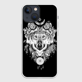 Чехол для iPhone 13 mini с принтом Ацтекский волк в Белгороде,  |  | animal | art | aztec | black and white | ca | crystals | dreams | feathers | graphics | head | look | muzzle | ornament | patterns | predator | style | wild | wolf | взгляд | волк | голова | графика | дикий | животное | искусство | кристаллы | ловец | мор