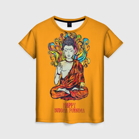 Женская футболка 3D с принтом Happy Buddha Purnima в Белгороде, 100% полиэфир ( синтетическое хлопкоподобное полотно) | прямой крой, круглый вырез горловины, длина до линии бедер | buddha | golden | happy | indian | kesa | lotus | monk | orange | ornament | pattern | pose | religion | shakyamuni | spiritual | te | будда | буддизм | духовный | золотой | индийский | кашая | кэса | лотос | оранжевый | орнамент | основатель | по