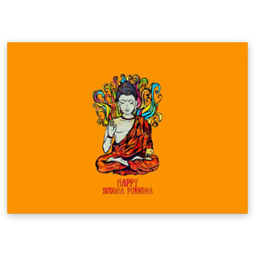 Поздравительная открытка с принтом Happy Buddha Purnima в Белгороде, 100% бумага | плотность бумаги 280 г/м2, матовая, на обратной стороне линовка и место для марки
 | Тематика изображения на принте: buddha | golden | happy | indian | kesa | lotus | monk | orange | ornament | pattern | pose | religion | shakyamuni | spiritual | te | будда | буддизм | духовный | золотой | индийский | кашая | кэса | лотос | оранжевый | орнамент | основатель | по