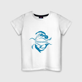 Детская футболка хлопок с принтом Плавание в Белгороде, 100% хлопок | круглый вырез горловины, полуприлегающий силуэт, длина до линии бедер | Тематика изображения на принте: бассейн | вода | волна | дельфин | плавание | пловец