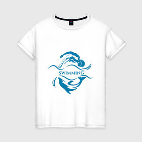 Женская футболка хлопок с принтом Плавание в Белгороде, 100% хлопок | прямой крой, круглый вырез горловины, длина до линии бедер, слегка спущенное плечо | бассейн | вода | волна | дельфин | плавание | пловец
