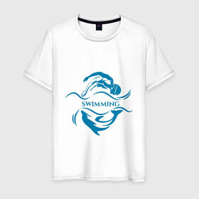 Мужская футболка хлопок с принтом Плавание в Белгороде, 100% хлопок | прямой крой, круглый вырез горловины, длина до линии бедер, слегка спущенное плечо. | бассейн | вода | волна | дельфин | плавание | пловец
