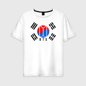 Женская футболка хлопок Oversize с принтом BTS KOREA в Белгороде, 100% хлопок | свободный крой, круглый ворот, спущенный рукав, длина до линии бедер
 | bangtan boys | bt21 | bts | bts army | bts stickers | j hope | jimin | jin | jungkook | k pop | korea | rap monster | rapmon | suga | v | бтс | корея | стикеры bts