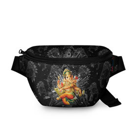Поясная сумка 3D с принтом Ганеша в Белгороде, 100% полиэстер | плотная ткань, ремень с регулируемой длиной, внутри несколько карманов для мелочей, основное отделение и карман с обратной стороны сумки застегиваются на молнию | character | deity | elephant | four | ganesh | god | gold | hands | head | hinduism | jewel | jewels | lord | ornament | pattern | well being | wisdom | благополучие | бог | божество | владыка | ганеша | голова | драгоценности | золото | индуизм | мудрост