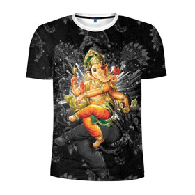 Мужская футболка 3D спортивная с принтом Ганеша в Белгороде, 100% полиэстер с улучшенными характеристиками | приталенный силуэт, круглая горловина, широкие плечи, сужается к линии бедра | Тематика изображения на принте: character | deity | elephant | four | ganesh | god | gold | hands | head | hinduism | jewel | jewels | lord | ornament | pattern | well being | wisdom | благополучие | бог | божество | владыка | ганеша | голова | драгоценности | золото | индуизм | мудрост