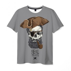 Мужская футболка 3D с принтом Real pirate в Белгороде, 100% полиэфир | прямой крой, круглый вырез горловины, длина до линии бедер | beard | bones | crossed | drawing | font | funny | graphics | hat | inscription | mustache | one eyed | pipe | pirate | real | roger | skull | smoking | борода | весёлый | графика | кости | кури | надпись | одноглазый | перекрещенные | пират | реальный | 