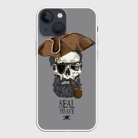 Чехол для iPhone 13 mini с принтом Real pirate в Белгороде,  |  | beard | bones | crossed | drawing | font | funny | graphics | hat | inscription | mustache | one eyed | pipe | pirate | real | roger | skull | smoking | борода | весёлый | графика | кости | кури | надпись | одноглазый | перекрещенные | пират | реальный | 