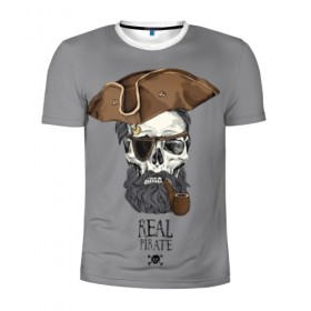 Мужская футболка 3D спортивная с принтом Real pirate в Белгороде, 100% полиэстер с улучшенными характеристиками | приталенный силуэт, круглая горловина, широкие плечи, сужается к линии бедра | beard | bones | crossed | drawing | font | funny | graphics | hat | inscription | mustache | one eyed | pipe | pirate | real | roger | skull | smoking | борода | весёлый | графика | кости | кури | надпись | одноглазый | перекрещенные | пират | реальный | 
