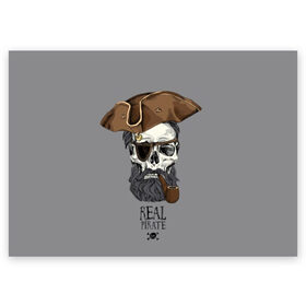 Поздравительная открытка с принтом Real pirate в Белгороде, 100% бумага | плотность бумаги 280 г/м2, матовая, на обратной стороне линовка и место для марки
 | beard | bones | crossed | drawing | font | funny | graphics | hat | inscription | mustache | one eyed | pipe | pirate | real | roger | skull | smoking | борода | весёлый | графика | кости | кури | надпись | одноглазый | перекрещенные | пират | реальный | 