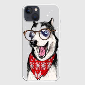 Чехол для iPhone 13 с принтом Хаски в Белгороде,  |  | animal | blue | breed | dog | drawing | eyes | graphic | husky | jaws | knitted | open | ornament | pattern | shawl | snow | winter | вязаный | глаза | голубые | графический | животное | зима | орнамент | открытая | очки | платок | порода | рису