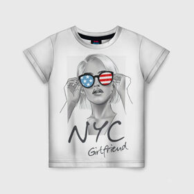 Детская футболка 3D с принтом NYC girlfriend в Белгороде, 100% гипоаллергенный полиэфир | прямой крой, круглый вырез горловины, длина до линии бедер, чуть спущенное плечо, ткань немного тянется | Тематика изображения на принте: beautiful | blonde | city | flag | girl | girlfriend | new york | reflection | stars | stripes | usa | блондинка | город | девушка | звезды | красивая | нью йорк | отражение | очки | подруга | полосы | сша | флаг