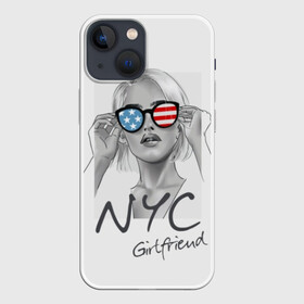 Чехол для iPhone 13 mini с принтом NYC girlfriend в Белгороде,  |  | beautiful | blonde | city | flag | girl | girlfriend | new york | reflection | stars | stripes | usa | блондинка | город | девушка | звезды | красивая | нью йорк | отражение | очки | подруга | полосы | сша | флаг