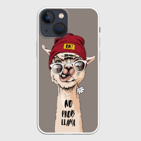 Чехол для iPhone 13 mini с принтом llama в Белгороде,  |  | animal | dude | flower | grimace | hat | head | hello | inscription | llama | long | neck | street | style | голова | гримаса | длинная | животное | лама | надпись | очки | привет | стиль | уличный | цветок | чувак | шапка | шея