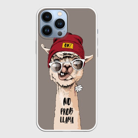 Чехол для iPhone 13 Pro Max с принтом llama в Белгороде,  |  | Тематика изображения на принте: animal | dude | flower | grimace | hat | head | hello | inscription | llama | long | neck | street | style | голова | гримаса | длинная | животное | лама | надпись | очки | привет | стиль | уличный | цветок | чувак | шапка | шея