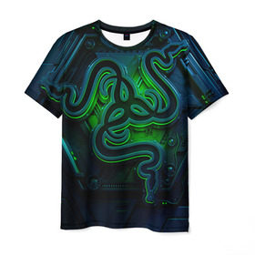 Мужская футболка 3D с принтом RAZER в Белгороде, 100% полиэфир | прямой крой, круглый вырез горловины, длина до линии бедер | game | razer | texture | зеленый | игровое лого | игромания | игры | рэйзер | текстуры