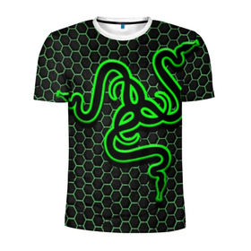 Мужская футболка 3D спортивная с принтом RAZER в Белгороде, 100% полиэстер с улучшенными характеристиками | приталенный силуэт, круглая горловина, широкие плечи, сужается к линии бедра | game | razer | texture | зеленый | игровое лого | игромания | игры | рэйзер | текстуры