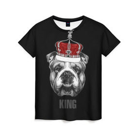 Женская футболка 3D с принтом Английский бульдог с короной в Белгороде, 100% полиэфир ( синтетическое хлопкоподобное полотно) | прямой крой, круглый вырез горловины, длина до линии бедер | animals | authority | breed | bulldog | cool | crown | dog | english | fighting | head | illustration | inscription | king | muzzle | supreme | swag | авторитет | английский | бойцовый | бульдог | верховный | голова | животные | иллюстрация | король | кор