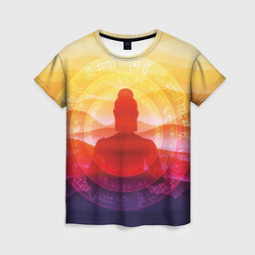 Женская футболка 3D с принтом Будда в Белгороде, 100% полиэфир ( синтетическое хлопкоподобное полотно) | прямой крой, круглый вырез горловины, длина до линии бедер | buddha | calm | color | enlightenment | india | meditatio | mountains | nature | purple | red | religion | symbol | yellow | yoga | будда | горы | духовность | желтый | индия | йога | красный | медитация | природа | просветление | расслабление | религия |