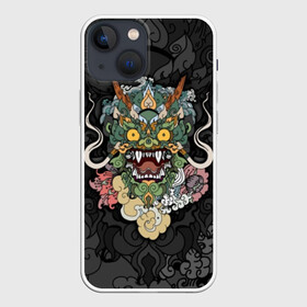 Чехол для iPhone 13 mini с принтом Дракон в Белгороде,  |  | character | dragon | east | eyes | fangs | horns | japan | japanese | legend | mask | mythological | pattern | yellow | восток | глаза | дракон | желтые | клыки | легенда | маска | мифологический | персонаж | рога | узор | япония | японский