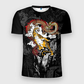 Мужская футболка 3D спортивная с принтом Тигр и дракон в Белгороде, 100% полиэстер с улучшенными характеристиками | приталенный силуэт, круглая горловина, широкие плечи, сужается к линии бедра | animals | clouds | country | dragon | east | fangs | japanese | mythical | nature | predator | rising | sun | tiger | восток | восходящего | дракон | животные | клыки | мифический | облака | природа | солнца | страна | тигр | хищник | японский