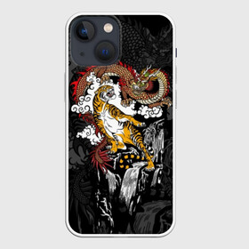 Чехол для iPhone 13 mini с принтом Тигр и дракон в Белгороде,  |  | animals | clouds | country | dragon | east | fangs | japanese | mythical | nature | predator | rising | sun | tiger | восток | восходящего | дракон | животные | клыки | мифический | облака | природа | солнца | страна | тигр | хищник | японский