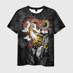 Мужская футболка 3D с принтом Тигр и дракон в Белгороде, 100% полиэфир | прямой крой, круглый вырез горловины, длина до линии бедер | animals | clouds | country | dragon | east | fangs | japanese | mythical | nature | predator | rising | sun | tiger | восток | восходящего | дракон | животные | клыки | мифический | облака | природа | солнца | страна | тигр | хищник | японский
