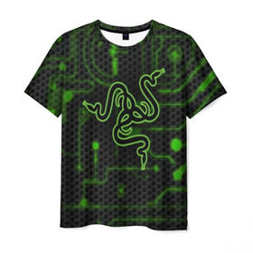 Мужская футболка 3D с принтом RAZER CARBON в Белгороде, 100% полиэфир | прямой крой, круглый вырез горловины, длина до линии бедер | game | razer | texture | зеленый | игровое лого | игромания | игры | рэйзер | текстуры