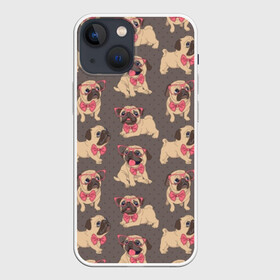 Чехол для iPhone 13 mini с принтом Мопсы в Белгороде,  |  | animals | bow tie | breed | different | dogs | illustration | painting | pink | poses | pugs | puppies | галстук бабочка | живопись | животные | иллюстрация | мопсы | очки | позы | порода | разные | розовые | собаки | щенки