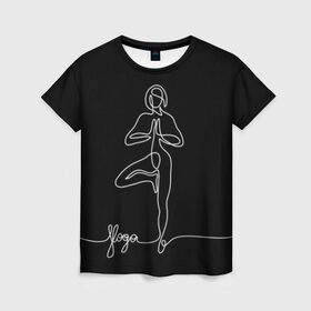 Женская футболка 3D с принтом Йога в Белгороде, 100% полиэфир ( синтетическое хлопкоподобное полотно) | прямой крой, круглый вырез горловины, длина до линии бедер | black and white | culture | girl | graphics | indian | line | meditation | pose | yoga | графика | девушка | индийская | йога | культура | линия | медитация | черно белая