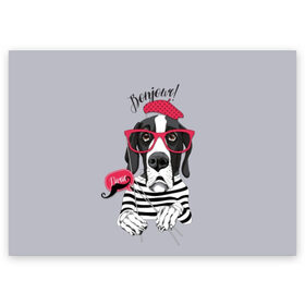 Поздравительная открытка с принтом Привет! в Белгороде, 100% бумага | плотность бумаги 280 г/м2, матовая, на обратной стороне линовка и место для марки
 | animal | beret | breed | dog | france | german | illustration | inscription | mustache | paris | vest | берет | дог | животное | иллюстрация | надпись | немецкий | очки | париж | порода | собака | тельняшка | усы | франция