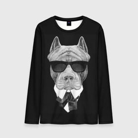 Мужской лонгслив 3D с принтом Питбуль в Белгороде, 100% полиэстер | длинные рукава, круглый вырез горловины, полуприлегающий силуэт | animals | black | black and white | cool | dog | fight | gentleman | head | illustration | pitbull | swag | white | авторитет | белая | бойцовый | галстук бабочка | голова | джентльмен | животные | иллюстрация | костюм | крутой | очки | 