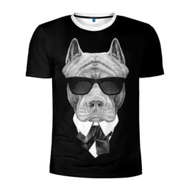 Мужская футболка 3D спортивная с принтом Питбуль в Белгороде, 100% полиэстер с улучшенными характеристиками | приталенный силуэт, круглая горловина, широкие плечи, сужается к линии бедра | animals | black | black and white | cool | dog | fight | gentleman | head | illustration | pitbull | swag | white | авторитет | белая | бойцовый | галстук бабочка | голова | джентльмен | животные | иллюстрация | костюм | крутой | очки | 