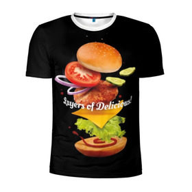Мужская футболка 3D спортивная с принтом Гамбургер в Белгороде, 100% полиэстер с улучшенными характеристиками | приталенный силуэт, круглая горловина, широкие плечи, сужается к линии бедра | bun | cheese | cucumber | explosion | hamburger | ingredients | inscription | ketchup | meat | onion | salad | sesame | share | tomato | tomatoes | булочка | взрыв | гамбургер | доля | ингредиенты | кетчуп | кунжут | лук | мясо | надпись | огурец | помидо