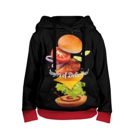 Детская толстовка 3D с принтом Гамбургер в Белгороде, 100% полиэстер | двухслойный капюшон со шнурком для регулировки, мягкие манжеты на рукавах и по низу толстовки, спереди карман-кенгуру с мягким внутренним слоем | Тематика изображения на принте: bun | cheese | cucumber | explosion | hamburger | ingredients | inscription | ketchup | meat | onion | salad | sesame | share | tomato | tomatoes | булочка | взрыв | гамбургер | доля | ингредиенты | кетчуп | кунжут | лук | мясо | надпись | огурец | помидо