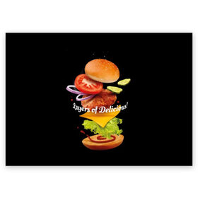 Поздравительная открытка с принтом Гамбургер в Белгороде, 100% бумага | плотность бумаги 280 г/м2, матовая, на обратной стороне линовка и место для марки
 | bun | cheese | cucumber | explosion | hamburger | ingredients | inscription | ketchup | meat | onion | salad | sesame | share | tomato | tomatoes | булочка | взрыв | гамбургер | доля | ингредиенты | кетчуп | кунжут | лук | мясо | надпись | огурец | помидо
