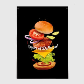 Постер с принтом Гамбургер в Белгороде, 100% бумага
 | бумага, плотность 150 мг. Матовая, но за счет высокого коэффициента гладкости имеет небольшой блеск и дает на свету блики, но в отличии от глянцевой бумаги не покрыта лаком | bun | cheese | cucumber | explosion | hamburger | ingredients | inscription | ketchup | meat | onion | salad | sesame | share | tomato | tomatoes | булочка | взрыв | гамбургер | доля | ингредиенты | кетчуп | кунжут | лук | мясо | надпись | огурец | помидо