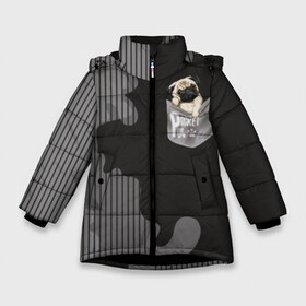Зимняя куртка для девочек 3D с принтом Мопс в кармане в Белгороде, ткань верха — 100% полиэстер; подклад — 100% полиэстер, утеплитель — 100% полиэстер. | длина ниже бедра, удлиненная спинка, воротник стойка и отстегивающийся капюшон. Есть боковые карманы с листочкой на кнопках, утяжки по низу изделия и внутренний карман на молнии. 

Предусмотрены светоотражающий принт на спинке, радужный светоотражающий элемент на пуллере молнии и на резинке для утяжки. | Тематика изображения на принте: animal | breed | dog | funny | illustration | imprint | paw | pocket | pug | puppy | sits | small | trace | животное | иллюстрация | карман | лапа | маленький | мопс | отпечаток | порода | сидит | след | смешная | собака | щенок
