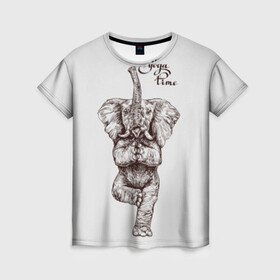 Женская футболка 3D с принтом Yoga time в Белгороде, 100% полиэфир ( синтетическое хлопкоподобное полотно) | прямой крой, круглый вырез горловины, длина до линии бедер | animal | culture | elephant | graphics | india | indian | meditation | posture | stand | yoga | графика | животное | индийский | индия | йога | культура | медитация | слон | стойка