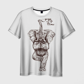 Мужская футболка 3D с принтом Yoga time в Белгороде, 100% полиэфир | прямой крой, круглый вырез горловины, длина до линии бедер | Тематика изображения на принте: animal | culture | elephant | graphics | india | indian | meditation | posture | stand | yoga | графика | животное | индийский | индия | йога | культура | медитация | слон | стойка
